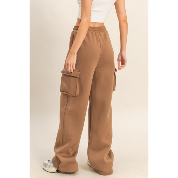 Mocha Cotton Terry Wide Leg Cargo Sweatpants - Picture 4 of 5
